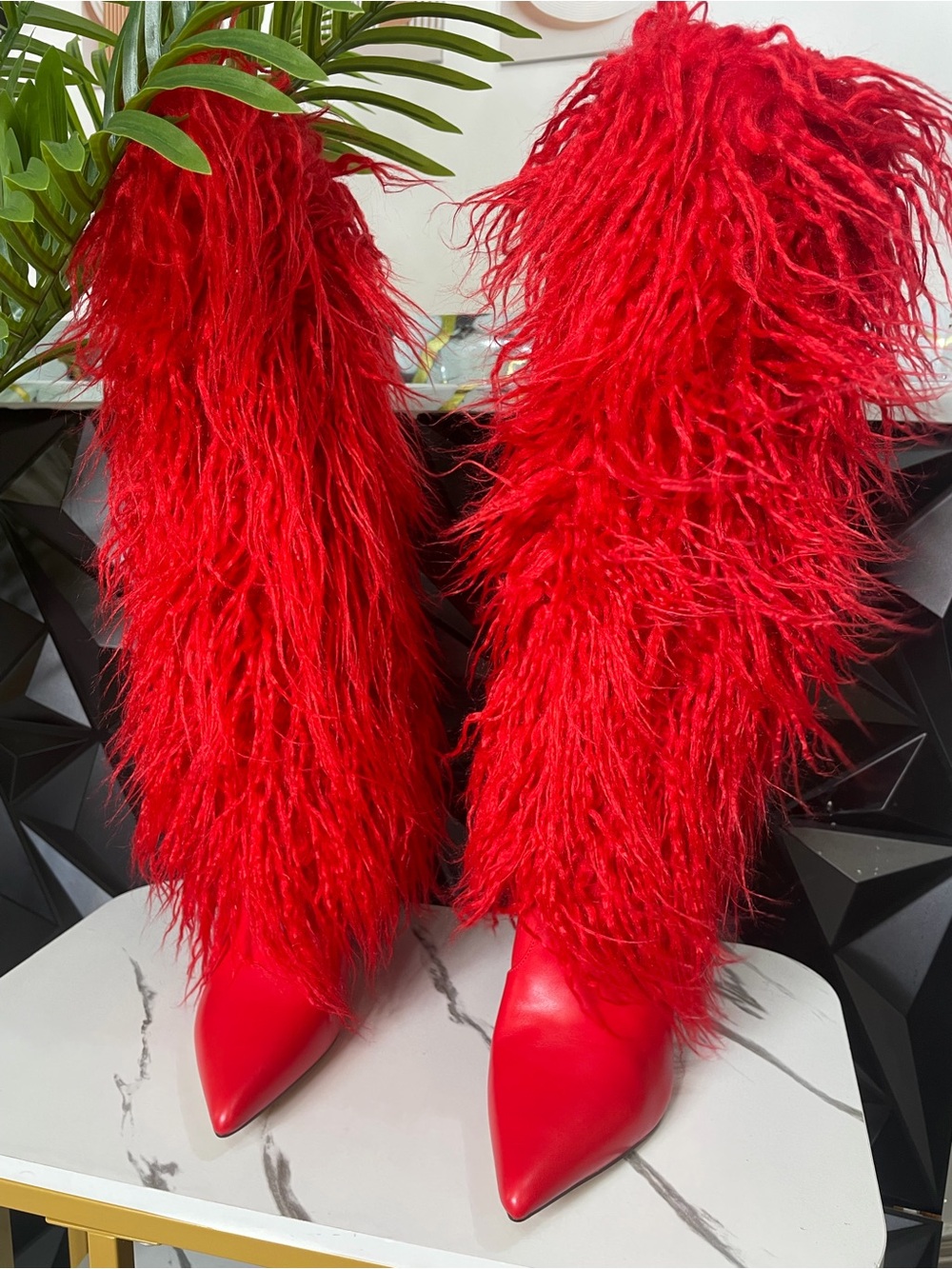 🔥👢Red Feather-Trim Over-the-Knee Boots — Bold Statement Style🔥